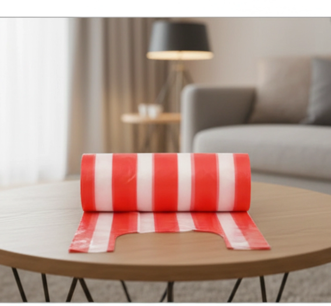 Фасовочные пакеты-майка в рулоне (красно-белые, полосатые)