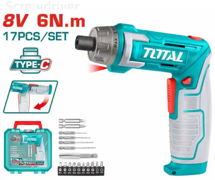 TSDLI08025 - "ТОТАL" Отвёртка
аккумуляторная Li-ion 8V, 6Nm, в кейсе.