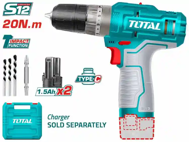TDLI12202 - "ТОТАL" Аккумуляторный
Li-ion шуруповёрт 12V, порт заярдки
USB type-