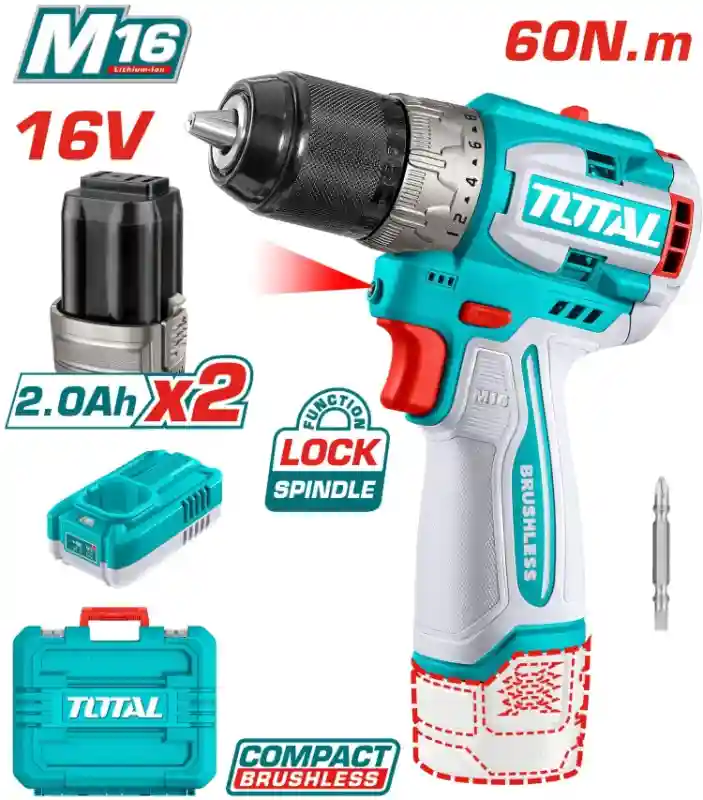 TDLI16682 - "ТОТАL" аккумуляторный
Li-ion компактный бесщёточный
шуруповерт 16V,