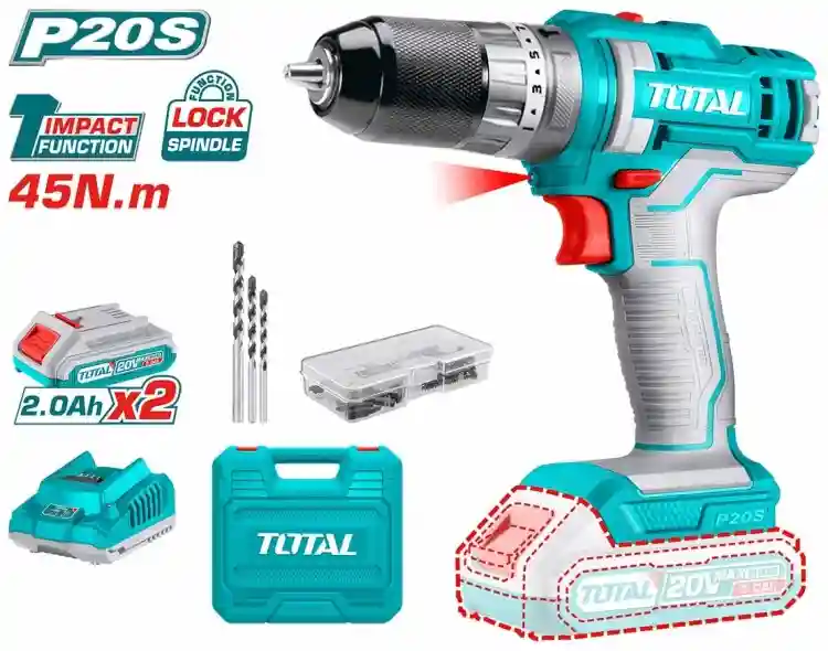 TIDLI201452 - "ТОТАL" Шуруповёрт
аккумуляторный LI-ion ударный 20v,
45N.m (бесщё