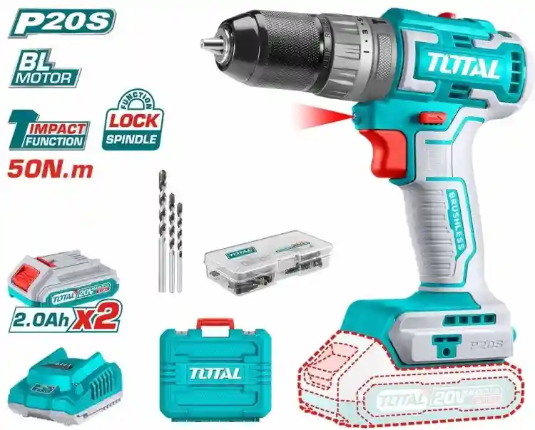 TIDLI20508 - "ТОТАL" Шуруповёрт
аккумуляторный LI-ion ударный 20v,
50N.m (бесщёт