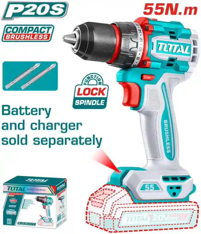 TDLI205581 - "ТОТАL" аккумуляторный
LI-Ion бесщёточный шуруповерт 20V, 55
N.m IN
