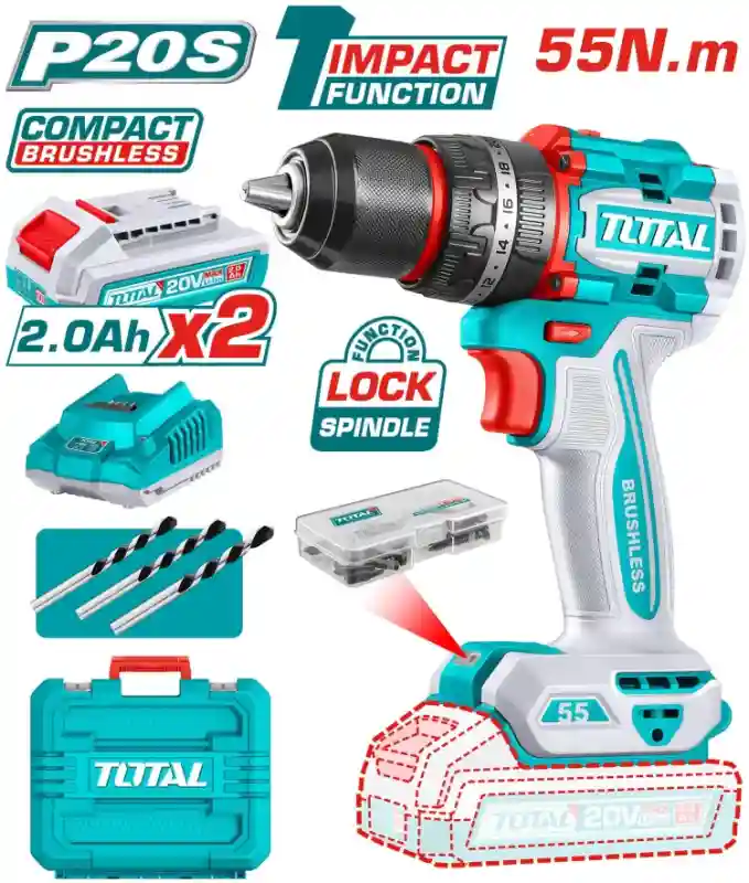TIDLI20558 - "ТОТАL" аккумуляторный
LI-Ion бесщёточный ударный
шуруповерт 20V, 5
