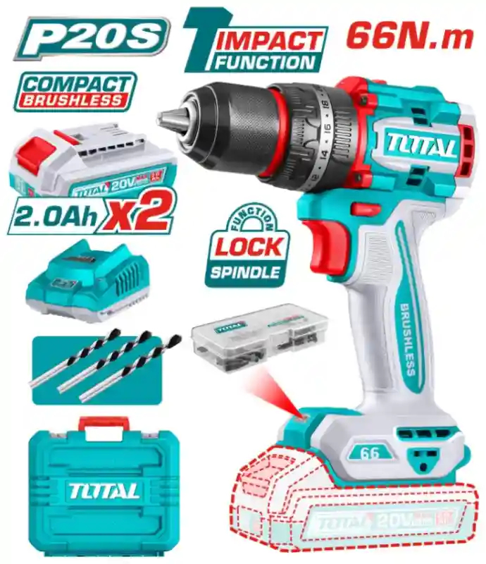 TIDLI20668 - "ТОТАL" аккумуляторный
LI-Ion бесщёточный шуруповерт 20V,
66Nm INDU