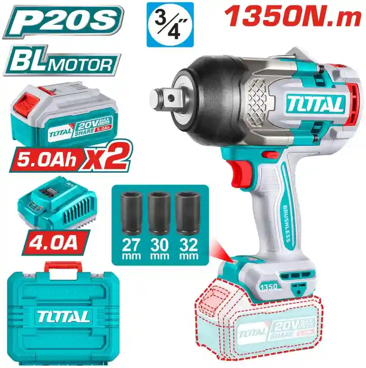 TIWLI201351 - "ТОТАL"
Аккумуляторный Li-Ion гайковёрт 20V,
1350 N.m (без батарее