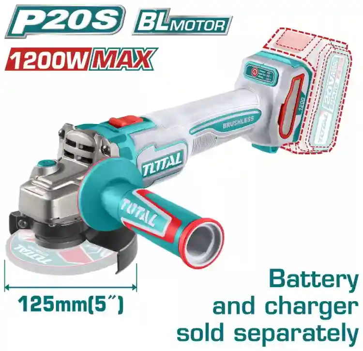 TAGLI221253 - "ТОТАL" Аккумуляторная
Li-ion углошлифовальная машинка 20V,
125мм.
