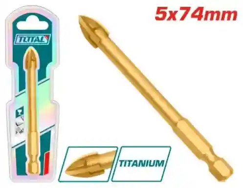 TACG210512 - "ТОТАL" Сверло по
кафелю 5x74мм, с четыремя режущими
кромками.