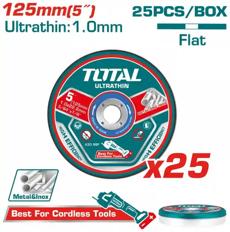 TAC21012525 - "ТОТАL" Набор
отрезных абразивных дисков по
металлу 125 мм, 25шт.

