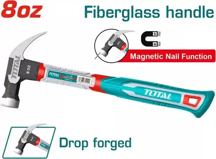 THCH61008 - "ТОТАL" Молоток
гвоздодёр с магнитом 220Гр, рукоятка
из стекловолокн