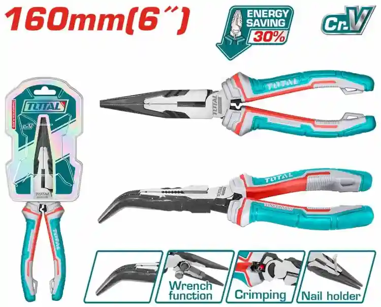 THT24616S - "ТОТАL" Тонкогубцы
изогнутые INDUSTRIAL 160мм,
материал Cr-V, усилен