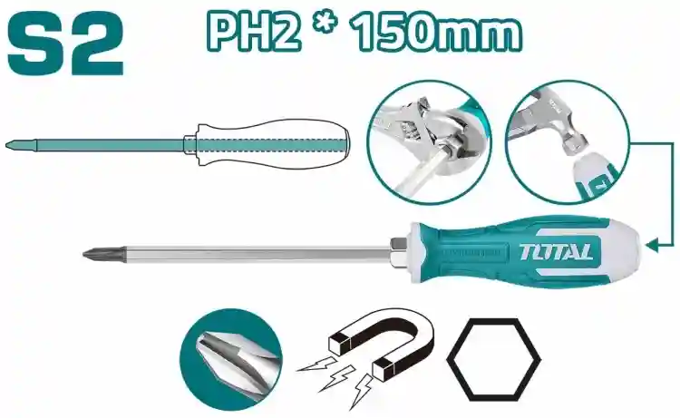THGSPH21506 - "ТОТАL" Отвёртка
ударная, INDUSTRIAL PH2, 150мм.