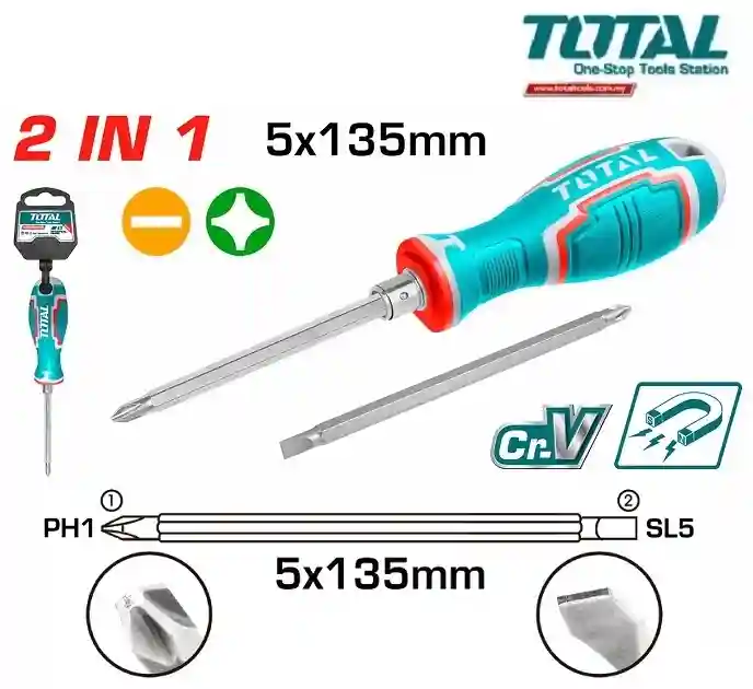THT250226 - "ТОТАL" Отвёрткa
двухсторонняя 2 в 1, 135мм.
