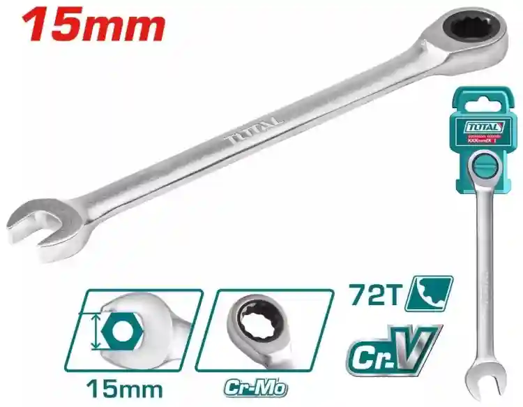 TCSPAR151 - "ТОТАL" Ключ гаечный
комбинированный с трещоткой 15мм,
200мм, Cr-V.
