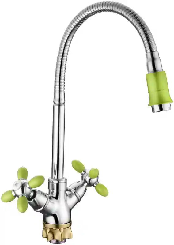 Смеситель для кухни с гибким изливом, двухвентильный, хром/салатовый