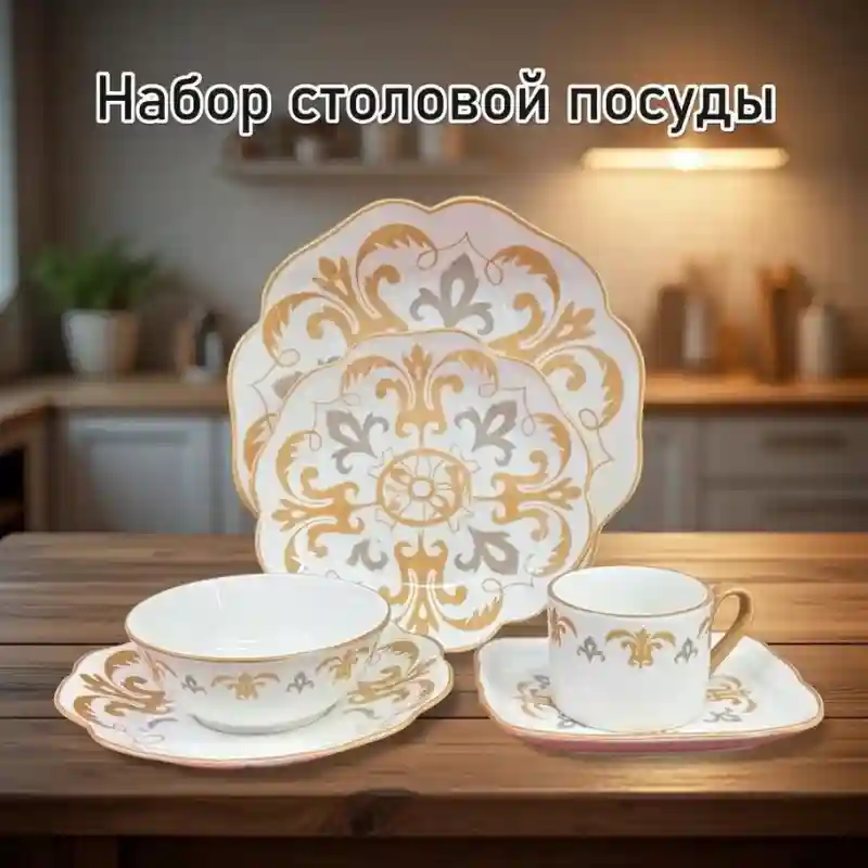 Набор столовой посуды с золотым узором