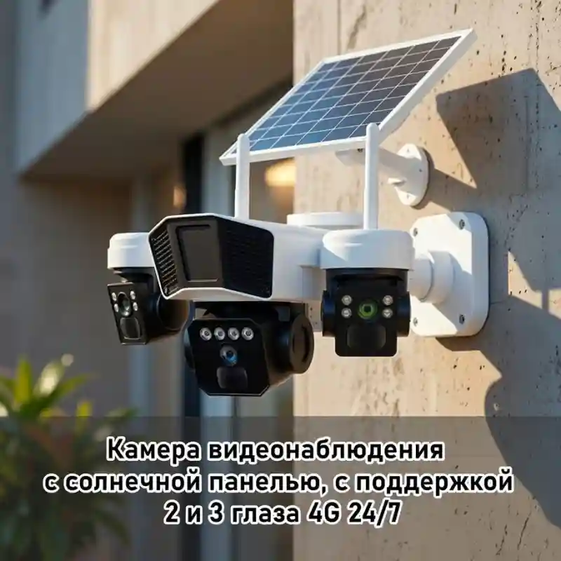 Камера видеонаблюдения с солнечной панелью, 2–3 объектива, 4G, 24/7