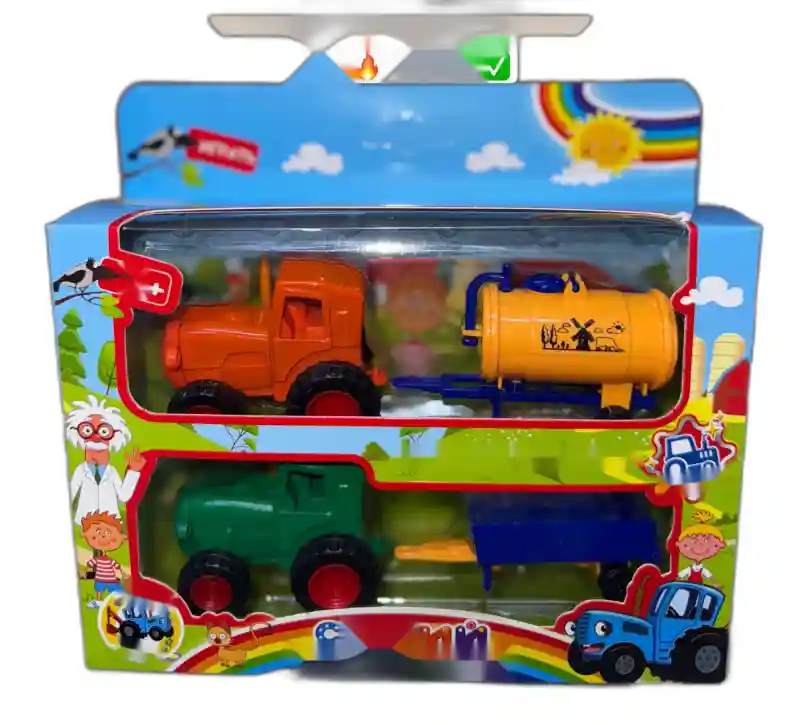 Синий трактор с прицепом в паре