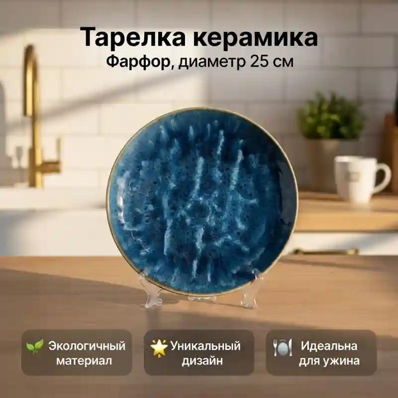 Тарелка сервировочная керамическая синяя (реактивная глазурь)
