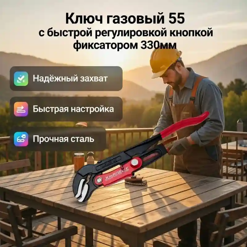 Ключ газовый 55 с быстрой регулировкой кнопкой фиксатором, 330 мм