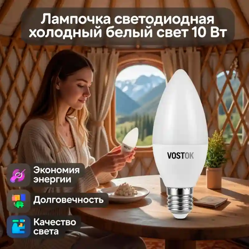 Лампочка светодиодная LED, холодный белый свет, 10 Вт, цоколь E27