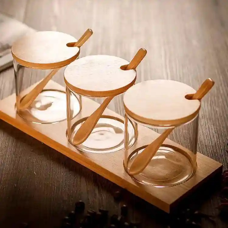 Набор емкостей для специй на бамбуковой подставке с ложками, 3 шт