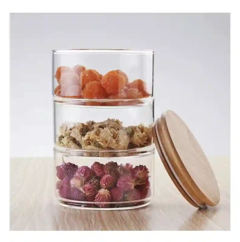 Набор штабелируемых стеклянных банок с бамбуковой крышкой, 3 яруса