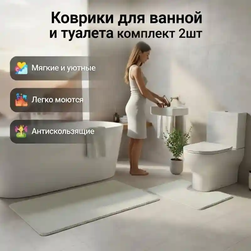 Коврики для ванной и туалета, комплект 2 шт, антискользящие