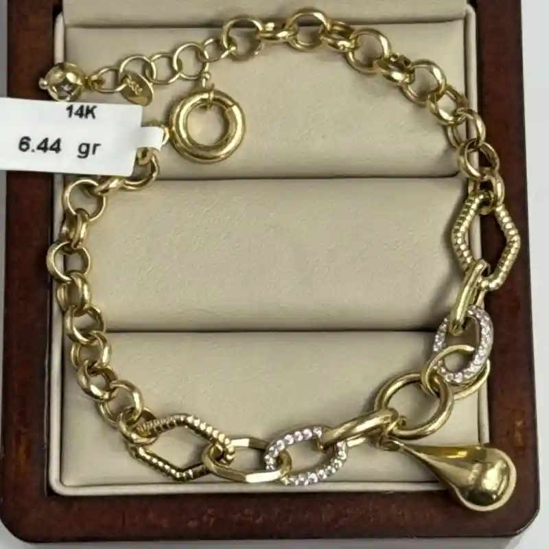 14643 Золотой браслет 14К с подвеской и фигурными звеньями