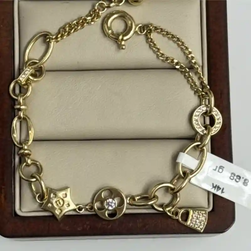 14647 Золотой браслет 14К с подвесками и фианитами