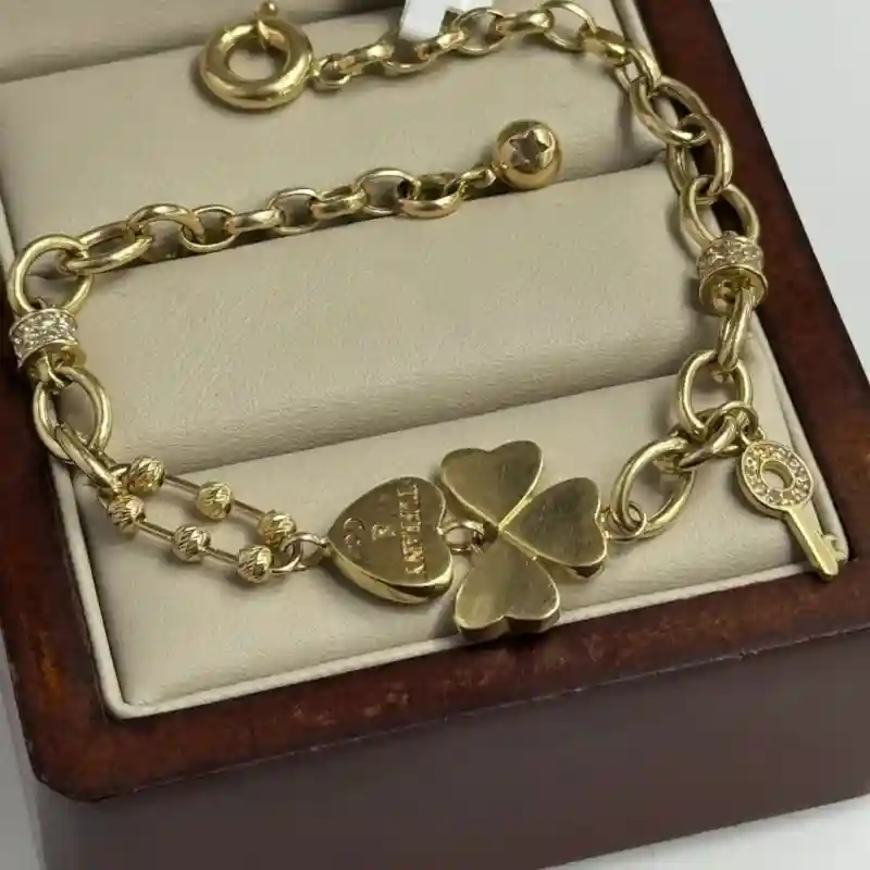 14649 Золотой браслет 14К с подвесками «Сердца и ключ»