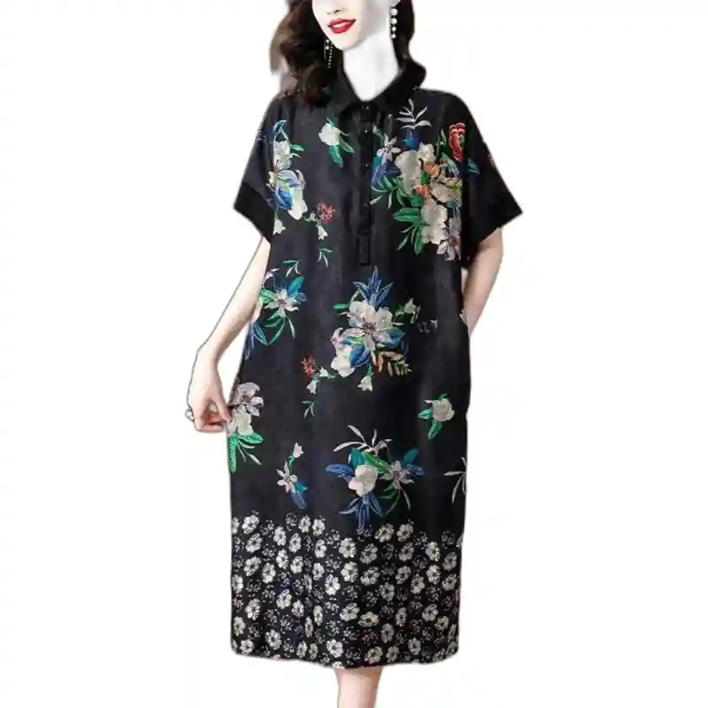 14841 - Шикарное платье атлас - Чёрный с цветами 54