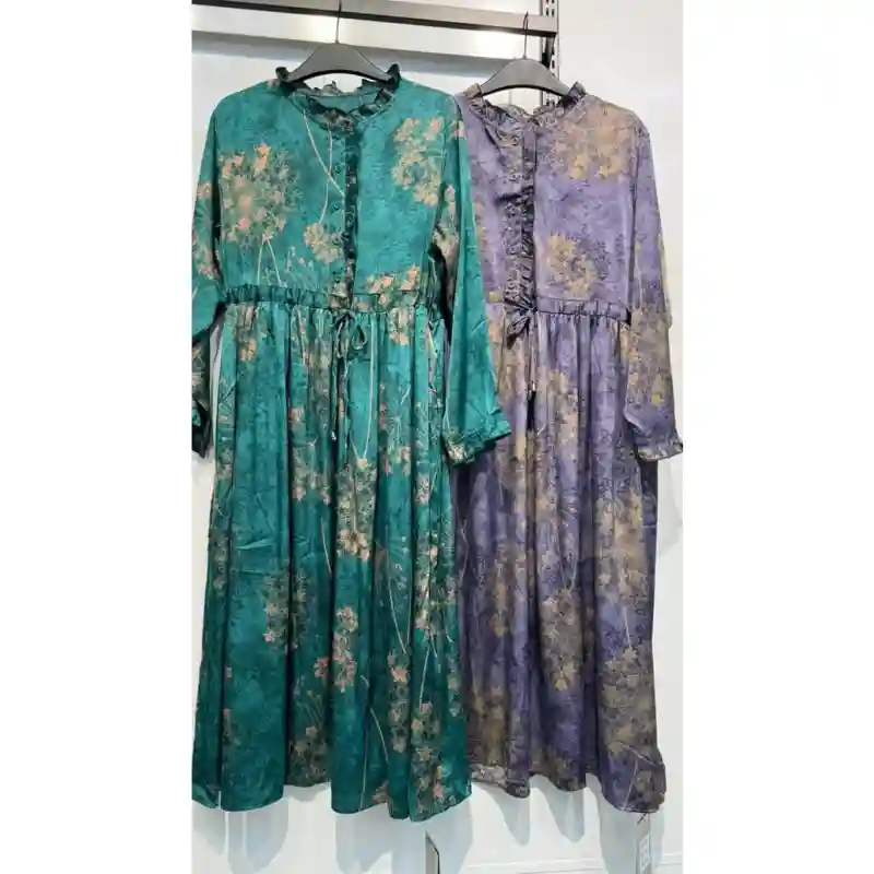 14913 - Шикарное шёлковое платье - Зелёное с одуванчиками 42