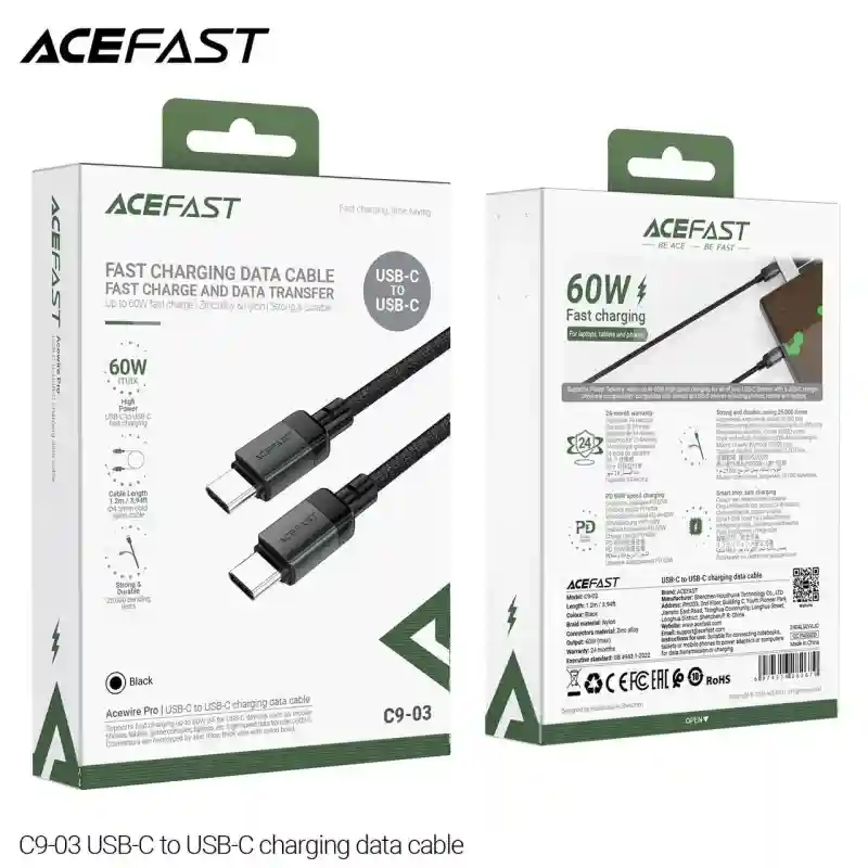 Кабель ACEFAST C9-03 USB-C → USB-C, 60W, 3A, 1.2 м, плетёный, быстрая зарядка и 