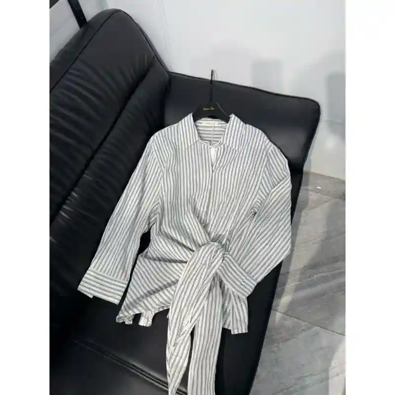 21351 Стильная рубашка на запах Белая в полоску 42