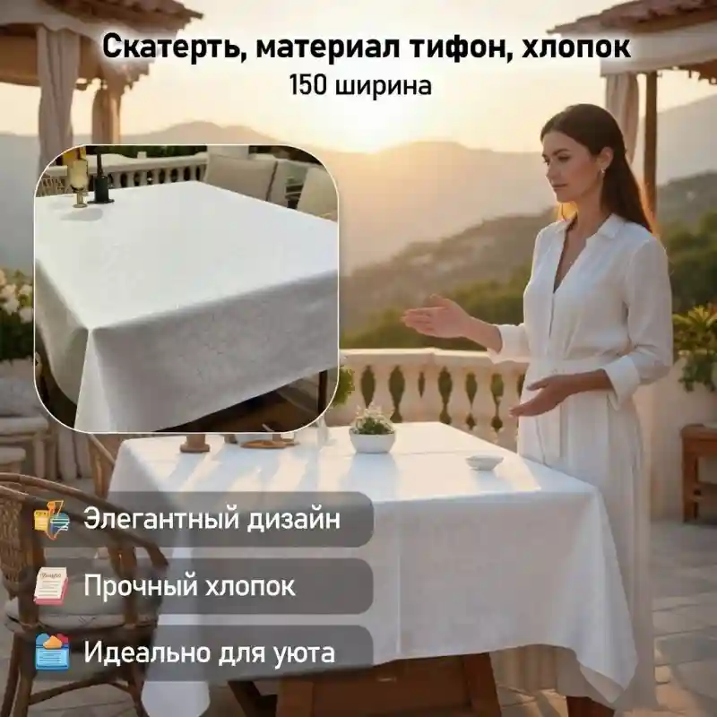 Скатерть для стола, материал тифон + хлопок, ширина 150 см, белая