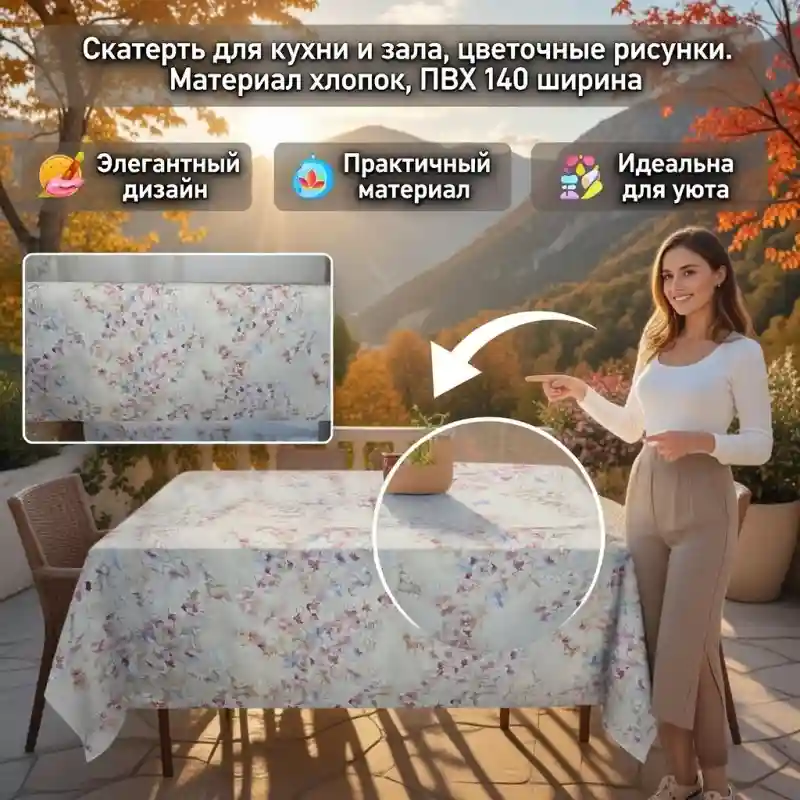 Скатерть для кухни и зала с цветочным рисунком, материал хлопок + ПВХ, ширина 14