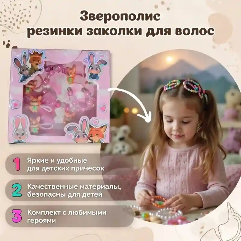 Резинки и заколки для волос детские «Зверополис», набор